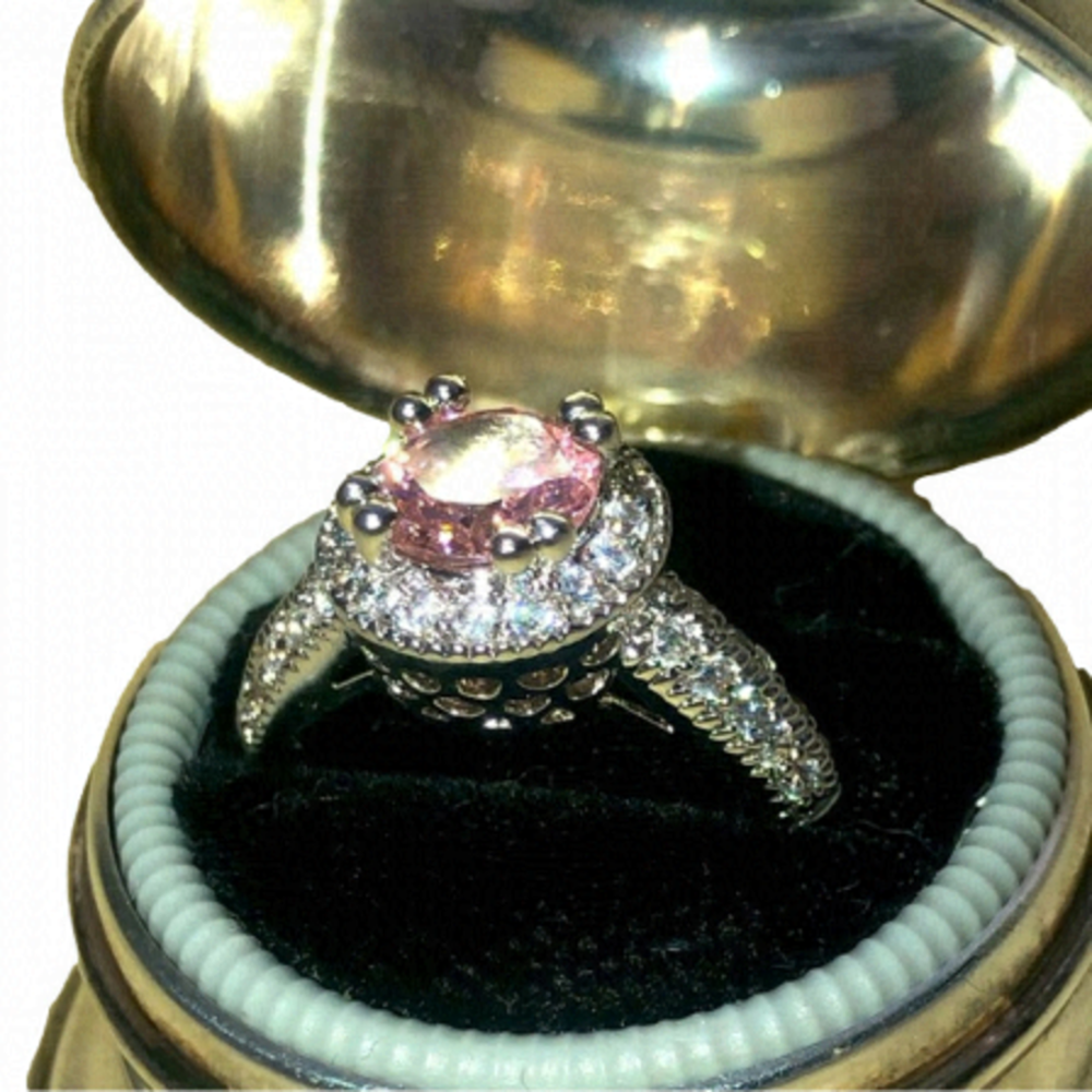 SILVER Tone Simulated Pink Sapphire Halo Ring Filigree Setting Costume Ring s7